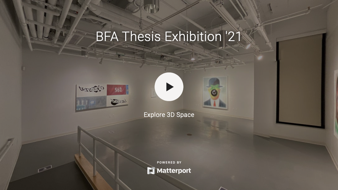 Photo of the BFA Thesis space with the virtual tour navigation superimposed.